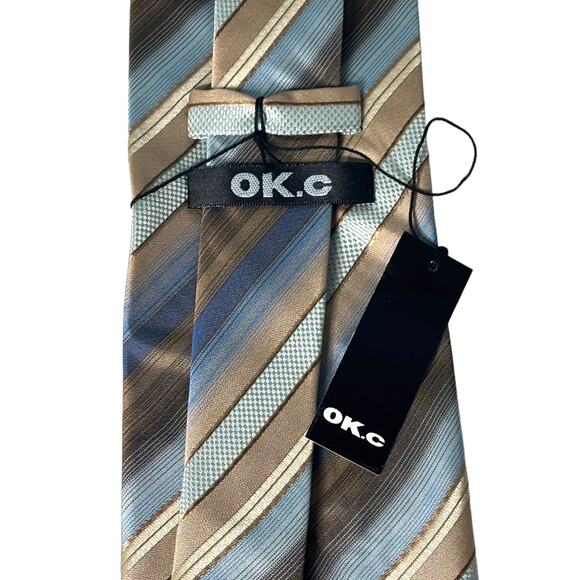 OK.c Microfiber Tie with Matching Gift Box Tan Blue Brown Stripe - Picture 2 of 4